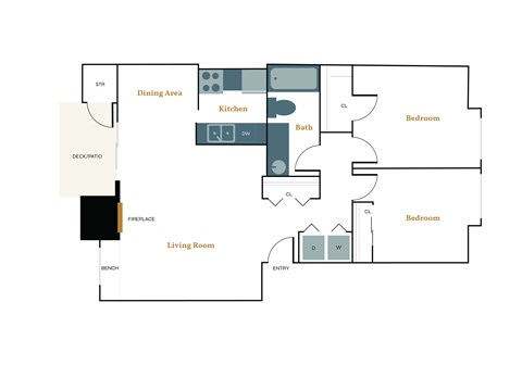 A floor plan of a house with a living room, dining area, kitchen, two bedrooms and a bath.